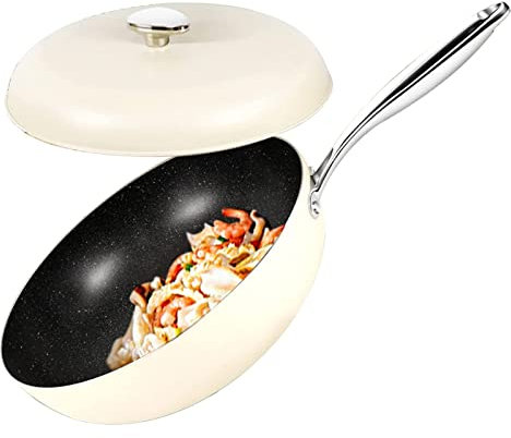 NTALJC Wok Pan de 32 cm Pan de Saludo sin Salto de sartén Profundo con Tapa para cocinar, ebullear, saltee, Vapor