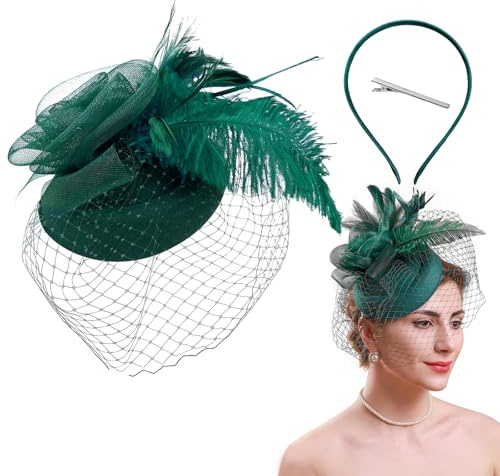 AffeGifts Fascinator Cerimonia Donna Verde Vintage con Velo e Piume per Capelli, Fascia per Capelli per Matrimonio, Cappello a Pillbox da Donna Anni '40 per Costumi da Tea Party