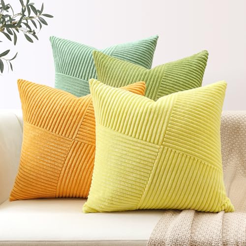 Sungeek 4er Set Cord Kissenbezüge, Windmühle Streifen Kordsamt Kissenbezug Sofakissen Dekokissen Patchwork Design Deko Zierkissenbezüge Kissenhülle für Wohnzimmer (45x45cm, Sage Grün Gelb)