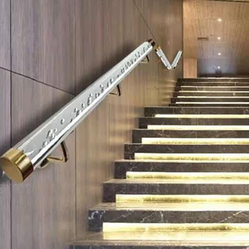 Pasamanos acrílico transparente para escaleras de 3 pies a 20 pies, barandilla de cristal transparente para interiores y exteriores con soportes plateados de montaje en pared (oro de 4 pies) solución