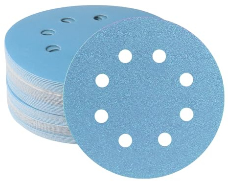 FASTPLUS 8 Hole Blue Ceramic 125mm Sanding Discs 320 Grit Hook & Loop | 5 Inch 50 Pack Dustless Sandpaper for Random Orbital Sanders Automotive Wood Metal Finishing and Polishing