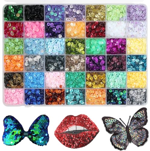 BetterJonny Paillettes per fai da te, 42 colori, paillettes per fai da te, paillettes da cucire, con scatola, paillettes colorate da cucire, da incollare per fai da te, 6 mm