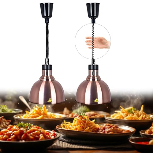 BOVDC Lampe Chauffante Cuisine Professionnelle, 250W Lampe Chauffante Alimentaire Hauteur Réglable, Lampe Chauffe Plat Cuisine Buffet Suspendue 19/25cm Grand Diamètre(Cuivre-25cm,2 Pièces)
