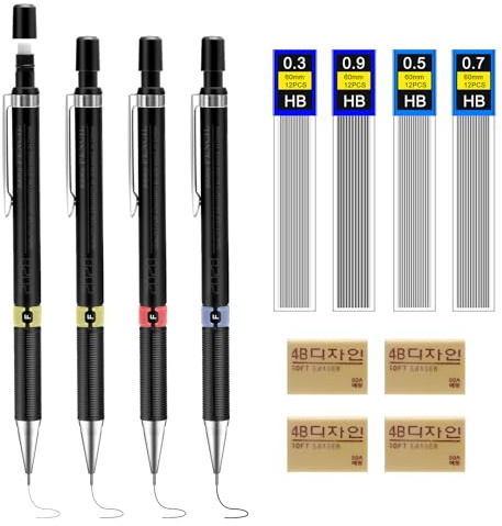 Lot de 4 Porte-Mines Set 0,3/0,5/0,7/0,9 mm Crayon Mécanique avec 4 Tubes (48 Pièces) de Recharges HB et 4 Pièces de Gomme, pour Dessin, Esquisse, illustration, Architecture et écriture