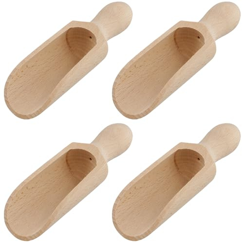 FUNSUEI 4 PCS 5.5 Natural Beechwood Scoop - Long Handle Rustic Style 14cm Multipurpose Large Wooden Scoops for Flour, Coffee, Sugar, Bath Salts & Crafts