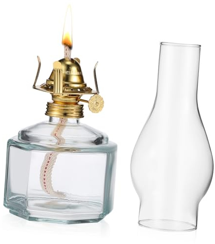 HYTROVE Lampada Olio Decorativa in Vetro con Base Quadrata Trasparente e Portalampada Lampada Petrolio Vintage da Tavolo Antivento e Portatile per Centro Tavola e Regalo