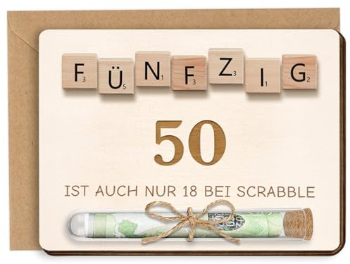 Lustige Geschenke zum 50 Geburtstag Frau Mann, Geldgeschenke 50 Geburtstag, Holz Geburtstagskarte 50 mit Umschlag - 50 IST AUCH NUR 18 BEI SCRABBLE, Verpackung Geldgeschenk 50.Geburtstag Frau Mann