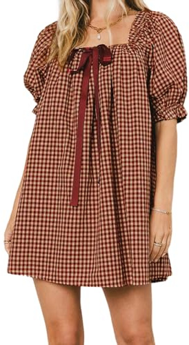 Women Gingham Short Dress Puff Sleeve Bow Tie Square Neck Plaid A-Line Babydoll Mini Dress (Red, L)