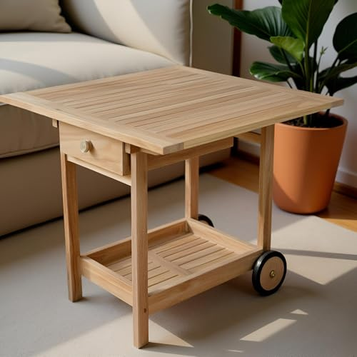 Oakestry Danica Serving Table Trolley Solid Teak Wood Bar Cart with Wheels Outdoor Indoor Kitchen Storage Rolling Server Table Handcrafted Teak Furniture for Patio Dining Garden Party Decor