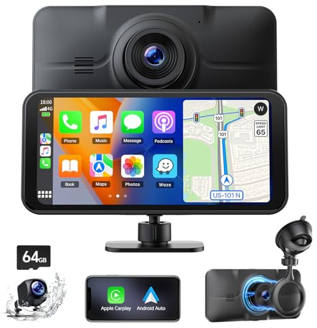 LAMTTO Wireless CarPlay Display mit 4K+1080P Dashcam Vorne Hinten und 6,25 Zoll Bildschirm, Tragbares Autoradio Inklusive A-ppIe Car Play & Android Auto Bluetooth/64G TF/GPS/Sprachassistent/MirrorLink