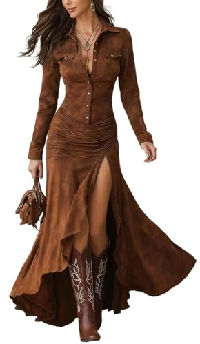 Robe longue de cowgirl boutonnée sur le devant pour femme, manches longues, jupe plissée sur le devant avec ourlet asymétrique à volants asymétriques, ourlet haut et bas, en faux daim, longueur au sol