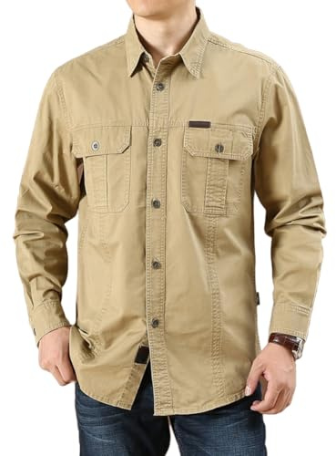 Camisas de Trabajo de Algodón para Hombre, Camisa de Militar de Manga Larga con Botones Ropa Cargo, 2 Bolsillos, Regular Fit para Pesca, Tala, Senderismo, Caza，Caqui，XL