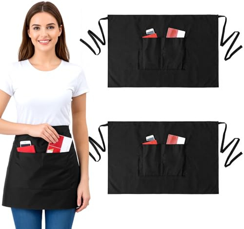 QWORK® 3 Pack Black Waist Aprons with 3 Pockets, Short Work Aprons for Chef, Waitress, and Kitchen Use