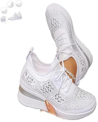 Baskets compensées respirantes pour femme avec strass scintillants et brillants - Chaussures de tennis pour mariée, Blanc., 41 EU