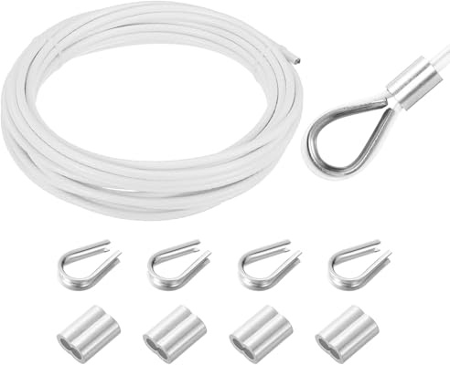 QUARKZMAN Cable De Acero Inoxidable 304 De 10m Con Recubrimiento De Vinilo De 6mm (1/4) Con 4 Manguitos De Aluminio Y Ojal Para Barandales, Cubiertas, Colgado, Líneas De Ropa, Blanco