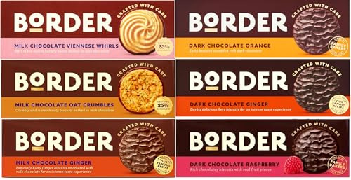 Borders Bundle 6 x 150g Pack of Chocolate Biscuits Viennese Whirls, Oat Crumbles, Gingers, Orange, Raspberry Biscuits. Ideal for Biscuits Lovers, Gift Idea