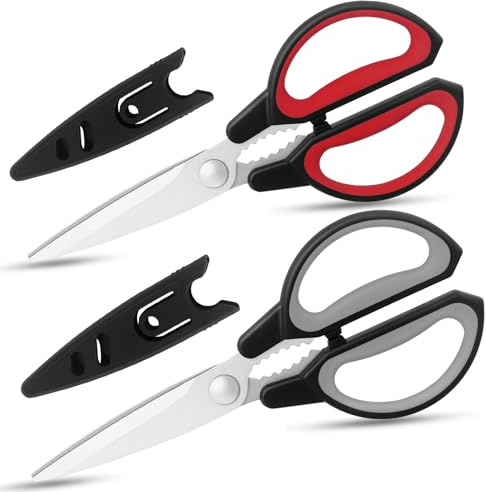 Tazoueoo Kitchen Scissors, 2-Pack Stainless Steel Shears with Covers | Food scissors for meat, herbs and packaging with micro-serrated grip and built-in nutcracker