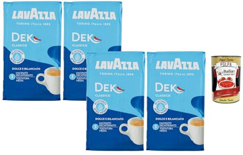 Italian Gourmet Lavazza DEK Classico Café Moulu Décaféiné 4 x 250 g, Méthode Naturelle, Doux & Équilibré, Torréfaction Moyenne, Intensité 3, Pour Espresso, Moka & Café Filtre + Italian Gourmet Polpa