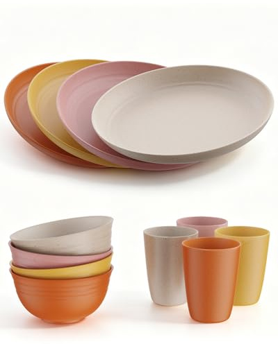 HOMGEN 12Pcs Camping Plastic Plate and Bowl Set Microwave&Dishwasher Safe | Lightweight Stackable with Plates Bowls Cups, BPA Free PP Material, Unbreakable Party Dinner Set for 4, for Home, Picnic, RV