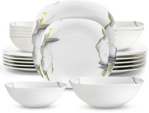 21 Pcs Marble Square Dinner Set for 6 People – White & Gold Opal Glass Plates and Bowls | Dinner Plates, Dessert Plates, Bowls | Microwave & Dishwasher Safe Tableware Dinnerware Set (21 Pcs)
