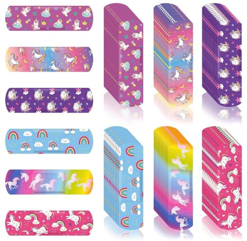 EBHO 100 piezas de tiritas para niños con diseño de unicornio, tiritas de primeros auxilios para niños, hipoalergénicas, impermeables y transpirables, para proteger rasguños, cortes y heridas