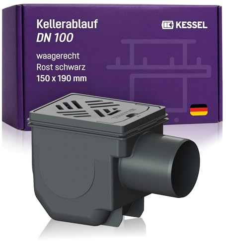 Kessel Kellerablauf DN 100 Kompakt 150x190 mm Schlitzrost Kunststoff, Artikel 33101 | Schwarz Bodenablauf mit Geruchsverschluss, Schlammeimer, teleskopisch höhenverstellbar, K 3, EN 1253-1 PP