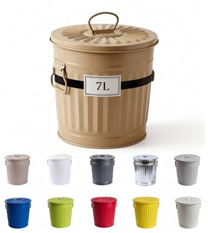 Jinfa | Cubo de basura de metal galvanizado con asas y tapa | Beige | Diámetro Ø 21,5 cm - Altura 21,5 cm | Capacidad: 7 litros