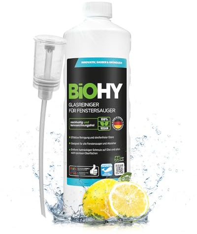 BiOHY Glasreiniger für Fenstersauger (1l Flasche) + Dosierer | Fensterreiniger Konzentrat für alle Fenstersauger | Bio Reinigungsmittel sorgt für streifenfreien Glanz | Glasreiniger