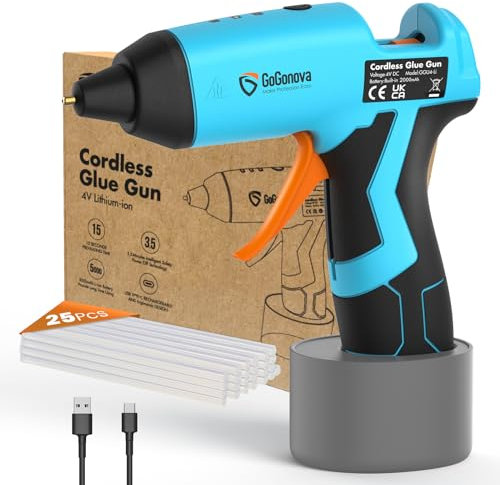 GoGonova Pistola Colla a Caldo Senza Fili, 15s Riscaldamento Rapido, USB Ricaricabile, 25 Pcs 7×100mm Colla Stick, per piccoli mestieri fai-da-te e riparazioni rapide, in casa e ufficio, Blu