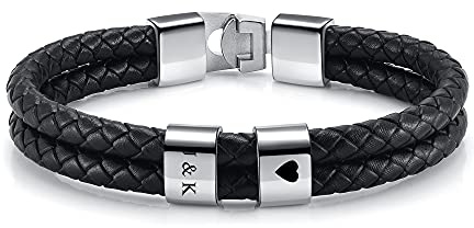 PiercingJak Herren Armband mit Gravur 2-4 Namen Männer Lederarmband geflochten Schwarz Echtleder Wickel Edelstahl Namensperlen ID Armreif Charm Schmuck Personalisierte Geschenke für Mann