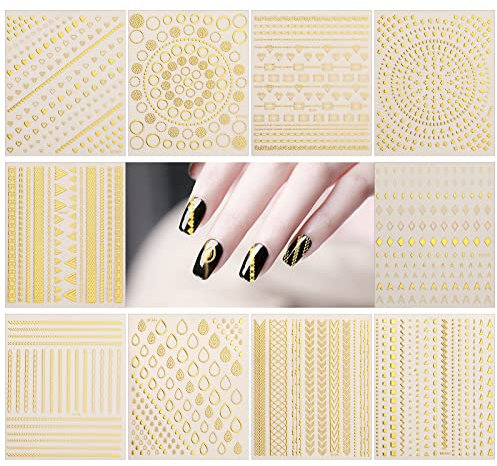 MWOOT 10 Feuilles Or Nail Sticker Ongles, 3D Auto-Adhésif Autocollant D'art D'ongle Lignes Ruban à Rayures Désign, Métallique Nail Art Autocollants Accessoires pour DIY Salon Domicile Ongle Décoration