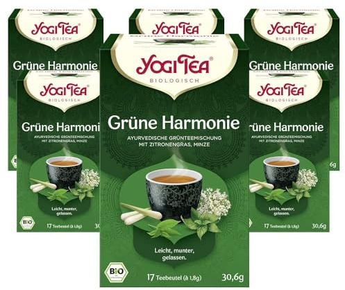 Yogi Tea Grüne Harmonie, 6x17 Beutel (102 Teebeutel) | Ayurvedischer Bio Gewürz- und Kräutertee, Mischung aus Grünem Tee, Zitronengras, Pfefferminze, Ideal als Geschenk