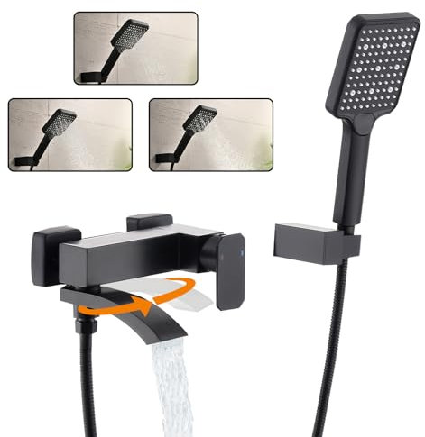BAITUJIE Badewannenarmatur Schwarz, Mischbatterie Badewanne mit 3 Funktionen Handbrause Wasserhahn Bad Schwarz Matt mit 90° Drehbaren Auslauf Armaturen Badewanne