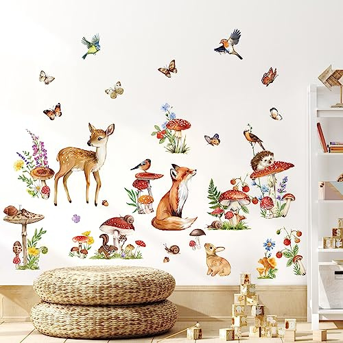 wondever Wandtattoo Waldtiere Hirsch Wandsticker Fuchs Pilze Blumen | Abziehen und Aufkleben, Abziehbar, Wandaufkleber Selbstklebend für Kinderzimmer Babyzimmer Schlafzimmer Wanddeko