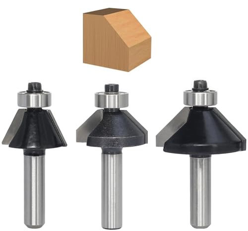 AKYLIN Fasenfräser 8mm Schaft 3 Stück，Fräser 25 Grad 45 Grad，Kegelfräser Kantenfräser mit Kugellager，Fräser für Oberfräse Holzbearbeitung