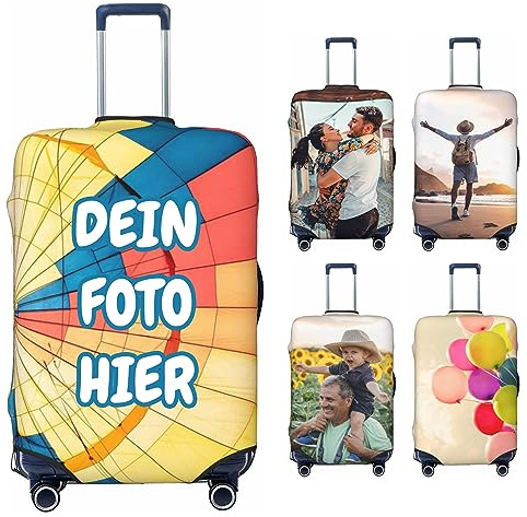 RKXGiftopia Personalisierte Kofferhülle mit Foto und Text, Kofferschutzhülle selbst gestalten, elastischer Kofferüberzug für Reisekoffer, doppelseitig Bedruckte Gepäckhülle als Reise Geschenk
