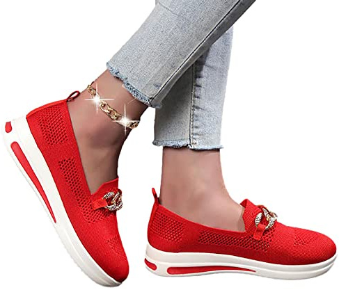 Zapatos planos casuales sin cordones para mujer, zapatos planos cómodos y ligeros, ortopédicos para jardinería, pesca, ocio, compras, rojo, 39 EU