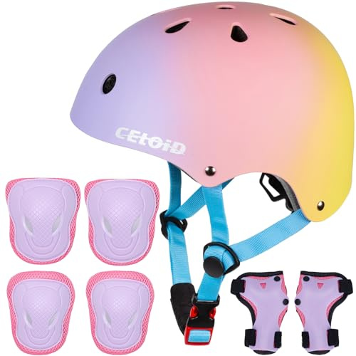 CELOID Kids Helmet Pad Set, Adjustable Kids Skateboard Bike Helmet, Knee & Elbow Pads, Wrist Guards, 8-14 Years, Unisex, Pink, Skating, Cycling, Roller Sports