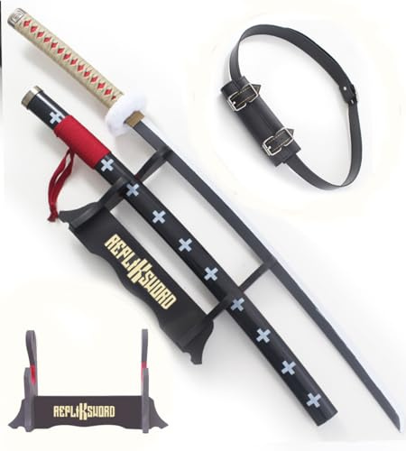 REPLIKSWORD One Piece Katana Trafalgar en Bois Lame en Bois One Piece Epee Trafalgar Law Replique Sabre Decoration Deguisement Cosplay + Presentoir Bois Inclusd + Ceinturon Porte Epee Inclus