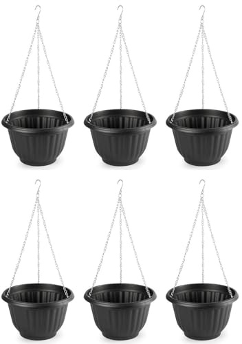 AC - Pack de 6 macetas Redondas Colgantes, plástico, macetero, Tiesto, Recipiente para Plantas, Flores, balcón, terraza, hogar, Fabricada en España (Antracita - 25 x 15 cm)