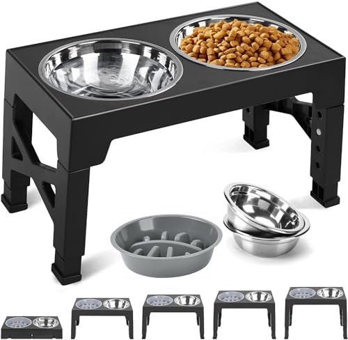 TUAHOO Raised Dog Bowl with Stand- 5 Height Adjustable, Elevated Dog Bowls with Slow Feeder and 2 Stainless Steel Dishes, Pet Feeding Station for Small Medium Large Dogs