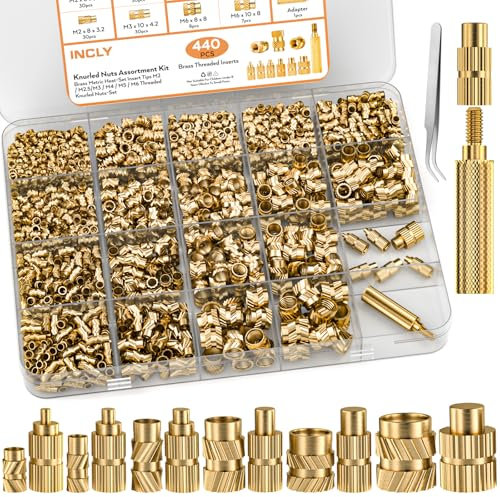 INCLY 440PCS Threaded Heat Inserts Set,M2 M2.5 M3 M4 M5 M6 Female Thread Metric Knurled Nuts Assortment Kit Brass Heat Inserts Set for Plastic and 3D Printing Components