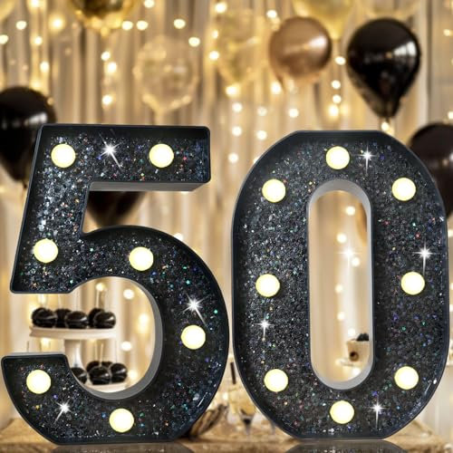 8.8 Decorative LED Light Up Numbers, Glitter Marquee Numbers Lights for 50th Birthday Decorations, Shiny Lighted Number Sign for Birthday Party Wedding Anniversary Home Decor, Glitter Black 50