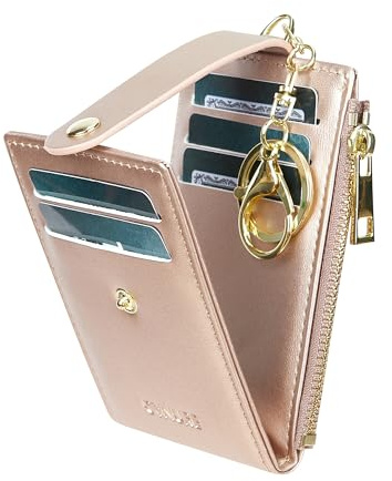 Cynure Damen & Herren Leder RFID Blocking Kartenhalter Slim Small Zipper Keychain Fronttasche Geldbörse mit 2 ID Fenster, 1-Plain Rosegold