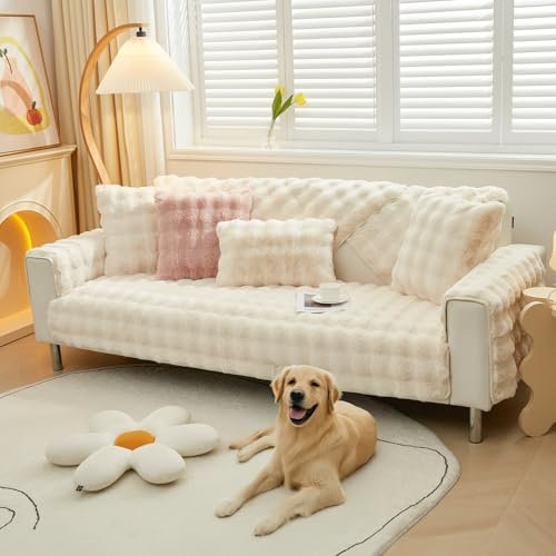 Royhom Plüsch Sofa Überzug L Form 1/2/3/4 Sitzer Couch Überzug Ecksofa, Sofaschoner rutschfest, Superweiche SofaÜberwurf aus Kunstpelz für Sofa, Teppich, Fensterbank Kissen(Creme 90x240cm)