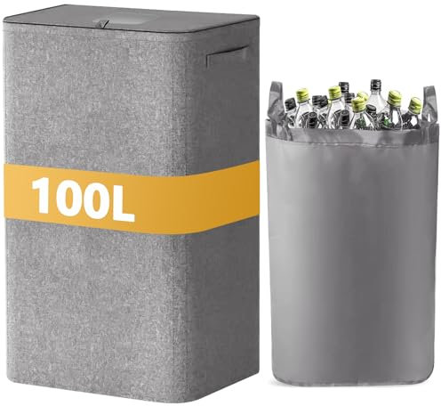 MTINRNI 100L Pfandflaschen Sammelbehälter,Pfandflaschen Aufbewahrung,Flaschensammler mit Loch,Zusammenklappbar,mit Innentasche,Sammel-Behälter Leergut,Küche Abstellraum Flaschentasche.(Grau)