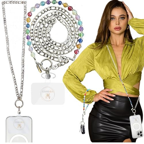 VIPERFLY Phone STRAP Crossbody Chain Stainless Steel Phone LANYARD NECK Handmade Phone CHARM Strap 3in1 Metal Phone Lanyard CROSSBODY +WRIST Strap Chain+ Tether Tab PATCH Rotatable Women Gift SILVER