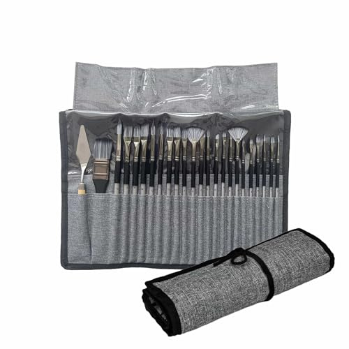 Eidoct 24 pcs Art Paint Brushes Set, Professional Synthetic Paint Brushes Set, Art Painting Brush, with Storage Bag, for Watercolor, Acrylic, Gouache, Oil, Rock Painting Nail Brush, (Silvery Gray)