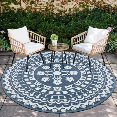 Capslpad Tappeto rotondo da esterno ø180 cm, impermeabile, reversibile, in plastica, stile boho, rotondo, per interni ed esterni, per giardino, camper, campeggio, balcone, cortile, balcone, tenda da