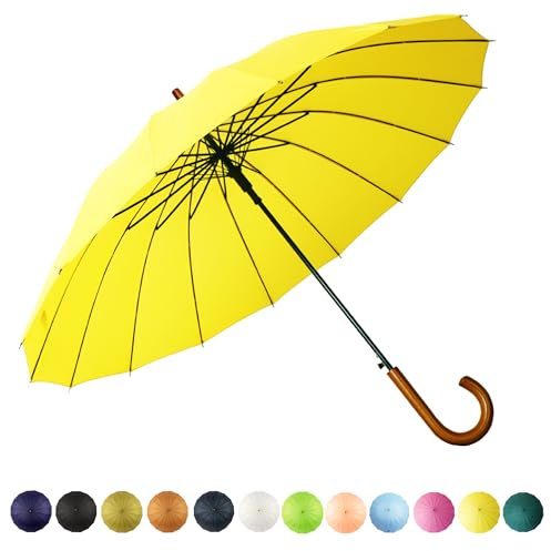 SoulRain 16 Rippen 121,9 cm Stockschirm, automatisches Öffnen, einfarbig, modisch und einfach, bogenförmiger klassischer Holzgriff, winddicht, unzerbrechlich, Regenschirm (Gelb)